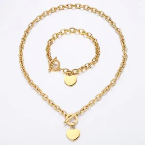 Ensemble de Bijoux Collier et Bracelet Pendentif Cœur en Acier Inoxydable Minimaliste Or Or Rose Argent Fermoir à Bascule Chaîne en O