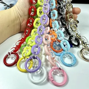 Detailed view of colorful acrylic chains with transparent links and round clips.