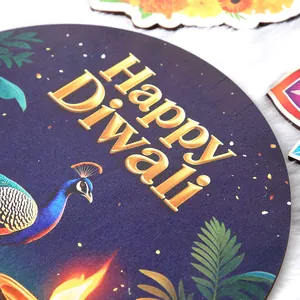 Decorative Happy Diwali wooden plaque with peacock and gold lettering for home decor