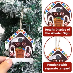 Wooden gingerbread house Christmas tree ornament with colorful print and lanyard