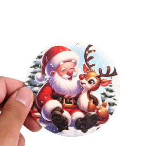 Round wooden Christmas ornament featuring colorful Santa Claus and reindeer print