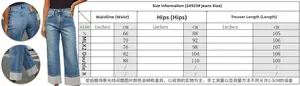 Detailed size chart for women high-waist straight-leg denim jeans with cuffed hems
