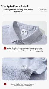 Close-up of the crisp honeycomb collar and durable resin buttons of the blue Polo shirt