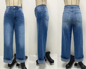 Three-way view of high-waisted straight leg blue jeans with cuffed hems