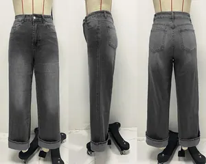 Front, side, and back views of high waist vintage grey straight jeans with cuffed hems
