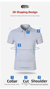 Detail view of grey business casual polo shirt highlighting 3D fit and striped collar