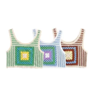 Débardeur au Crochet en Lin Vintage Français pour Femmes Bohème Granny Square Patchwork Camisole Boho sans Manches Crop Top