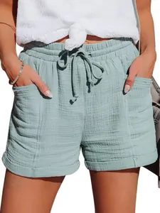 Pantaloncini Donna a Vita Alta con Coulisse Gamba Larga Estate Casual Traspirante Tinta Unita Allentati da Spiaggia con Tasche Poliestere