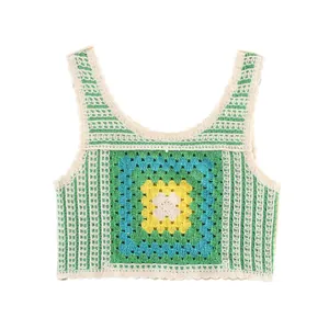 Crop top coloré au crochet fait main de style français avec motif granny square pour femme