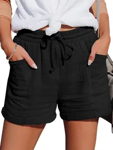 Pantaloncini neri estivi a vita alta con coulisse da donna in tessuto garza traspirante