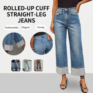 Women's Vintage High Waist Cuffed Hem Straight Leg Jeans Stretch Washed Denim Pants For Spring Autumn Casual Streetwear