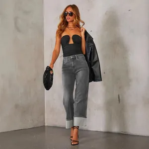 High-waist stretch straight jeans with retro cuffed hem for women's fashion