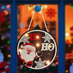Wooden Christmas hanging sign with LED lights and Santa Claus Ho Ho design for door décor.