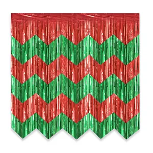 Close-up of red and green chevron tinsel fringe curtain for Christmas party decoration.