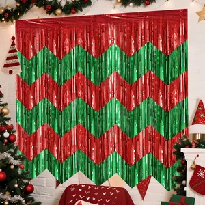 Detail shot of the shiny red and green zigzag metallic foil fringe curtain for Christmas parties
