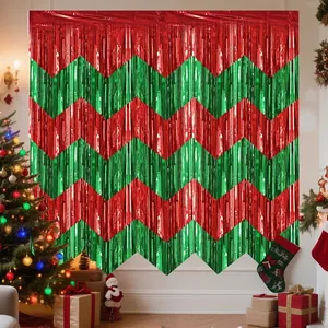 Metallic PET Christmas Fringe Curtain Banner Zigzag Wave Pattern Tassel Tinsel Backdrop For Party Home Wall DIY Decoration Red Green
