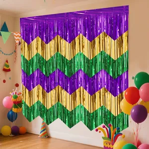 Festive Mardi Gras purple gold green chevron metallic fringe curtain for party backdrop