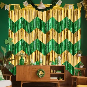 Gold and green wavy foil fringe curtain in a St. Patrick's Day party scene