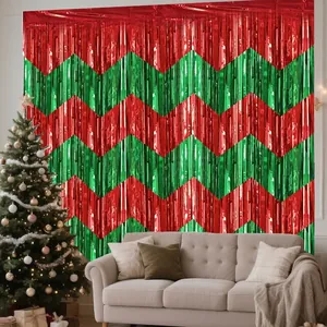 Red and green metallic fringe curtain backdrop for festive Christmas party decorations.