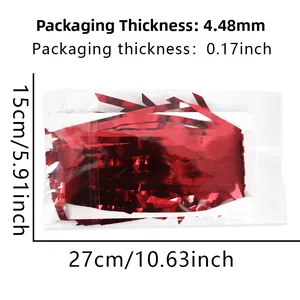 Dimensions detail of red foil fringe curtain banner showing packaging size and thickness.