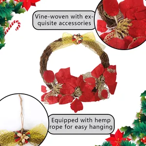 Festive Christmas wreath featuring red poinsettia flowers gold bow knot and vine ring