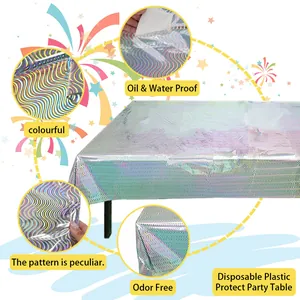 Holografische Wellen-Partytischdecke, 1x2,7m bunte PET-Einweg-Tischdecke für Geburtstag