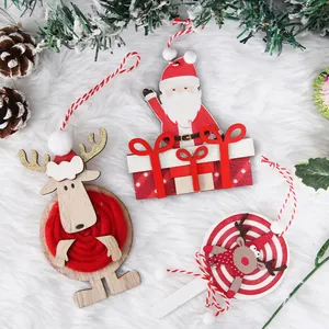 Cartoon wooden Christmas hanging ornaments with Santa and reindeer characters