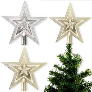 Christmas Tree Topper Star Hollow Electroplated Pentagram Ornament Plastic Glitter Tree Top Decorations Holiday Party Supplies Gold Silver