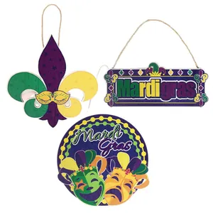Decorative set of 3 Mardi Gras wooden hanging signs featuring fleur-de-lis and festival masks