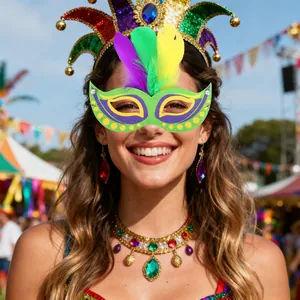 Buntes Mardi Gras Feder-Masken und Narrenkappe-Set für die Karnevalsparty in New Orleans.