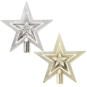 Elegant gold and silver plated plastic Christmas tree topper stars with glitter accents