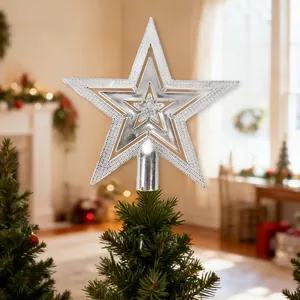Elegant silver electroplated Christmas tree topper star with hollow multi-layer design