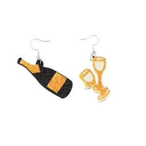 Boucles d'oreilles asymétriques pailletées bouteille et verres champagne de fête