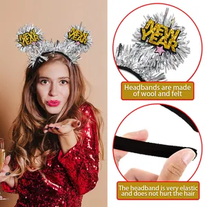 Festive silver tinsel New Year headband with gold glitter text and wool felt material