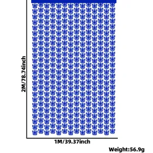 Detailed diagram showing the dimensions and blue butterfly pattern of the foil fringe curtain