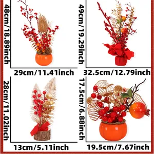Detaillierte Größenangaben für vier festliche künstliche Blumenarrangements mit Beeren