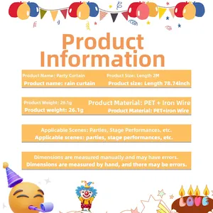 Product info card for 2m gold tinsel curtain showing weight, size, and material details