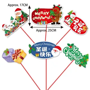Set of 5 festive cartoon Christmas paper signs on sticks for party and table decorations
