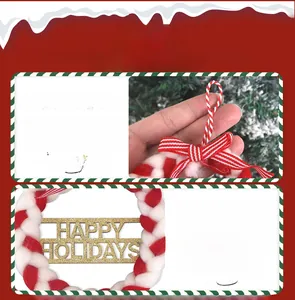 Detail of red and white plush Christmas wreath with golden Happy Holidays sign