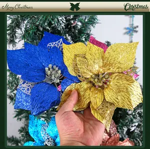 Detail view of 22cm glitter artificial Christmas poinsettia flower decoration
