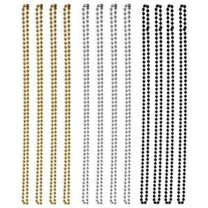 Set of 12 festive party bead necklaces in gold, silver, and black metallic finishes