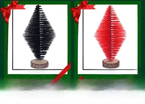 Mini sapins de Noël en forme de losange rouge et noir avec base en bois 15cm