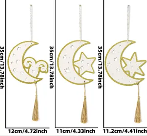 Detailed dimensions of wooden moon and star hanging ornaments with tassels for Eid.