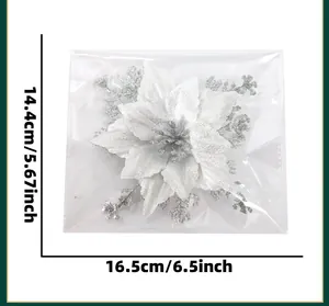 Silver glitter artificial Christmas flower 16.5cm size detail for tree decoration