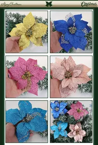 Detail showing 22cm 3-layer glitter artificial Christmas flowers in various colors