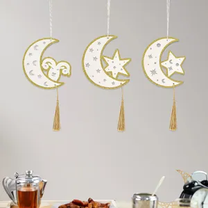 Eid festival hanging decorations featuring moon and star shapes with elegant gold tassels.