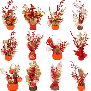 Chinesisches Neujahr Künstliche Blumenarrangement Kaki Glücksfrucht Ornamente Rot Gold Festlicher Segenseimer Tischdeko