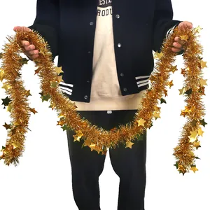 2m Thickened Christmas Gold Tinsel Garland With Stars Metallic Foil Hanging Decor For Holiday Party Tree Home Decoration