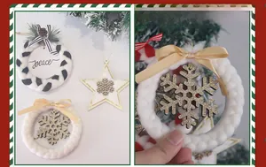 Detailed view of handmade Christmas plush wreath and wooden snowflake star ornaments