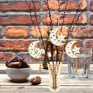 Wooden Ramadan moon and star hanging ornaments with gold tassels for festival home decor